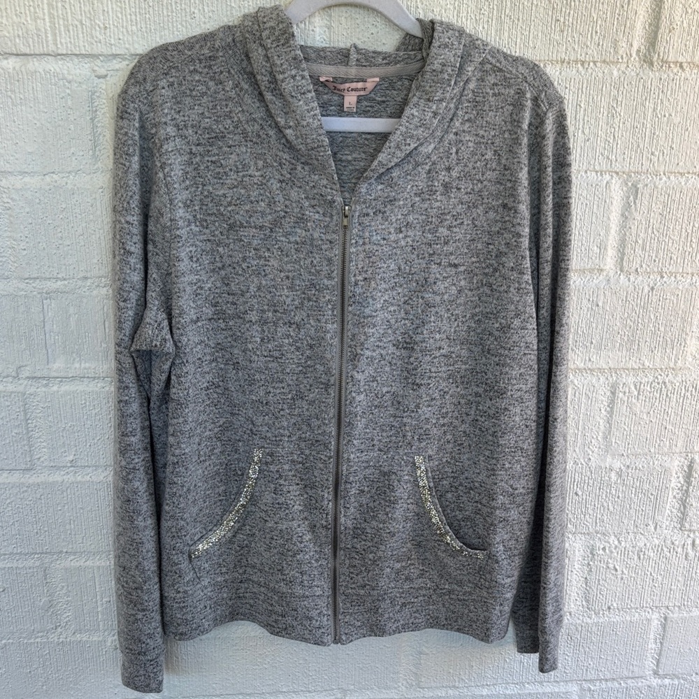 Juicy Couture Gray Zip-Up Beaded Hoodie with Sparkle Pocket Trim sz L